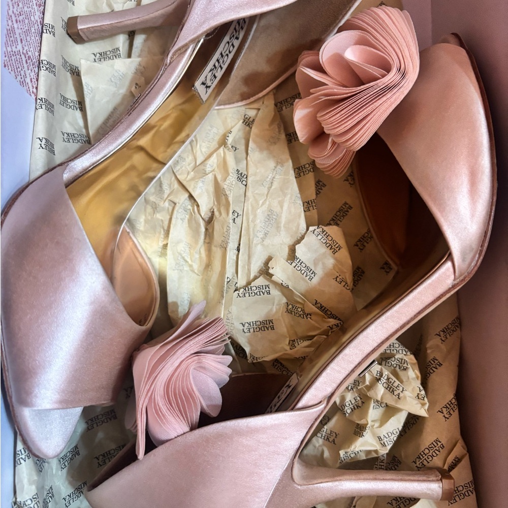 Badgley Mischka Pink Satin Peep-Toe Heels with Floral Accent